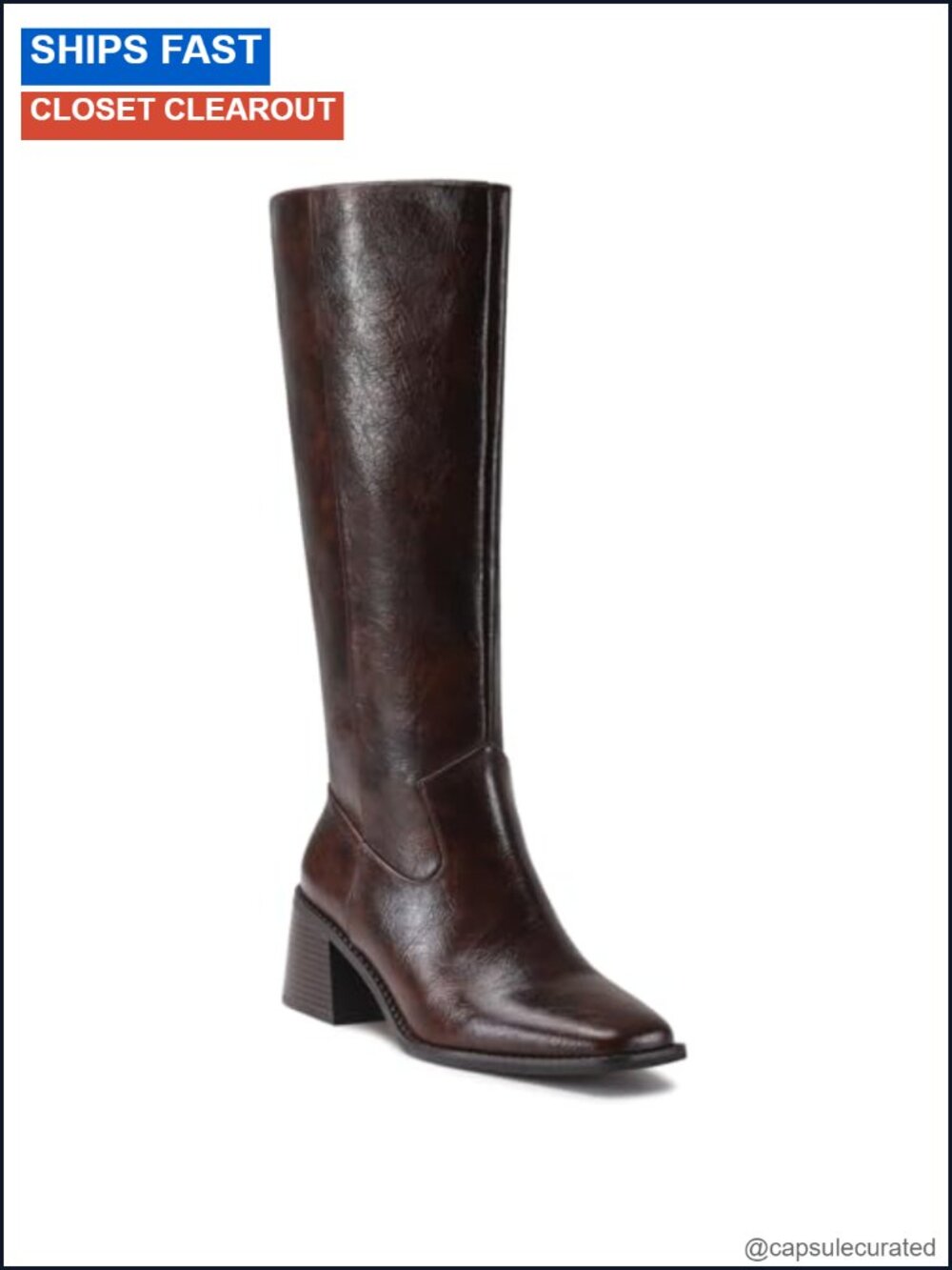 Square Toe Knee High Boots Women Chunky Heel Tall PU